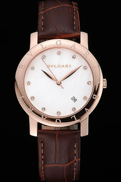 Bvlgari White Dial Gold Case Brown Leather Bracelet new119212