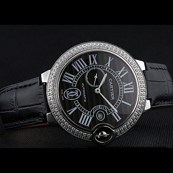 Cartier Ballon Bleu Diamond Case Black Dial Black Leather Bracelet new60603