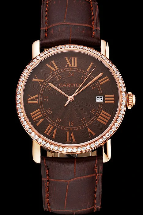 Cartier Ronde Solo Brown Dial Diamond Bezel Rose Gold Case Brown Leather Strap new122586