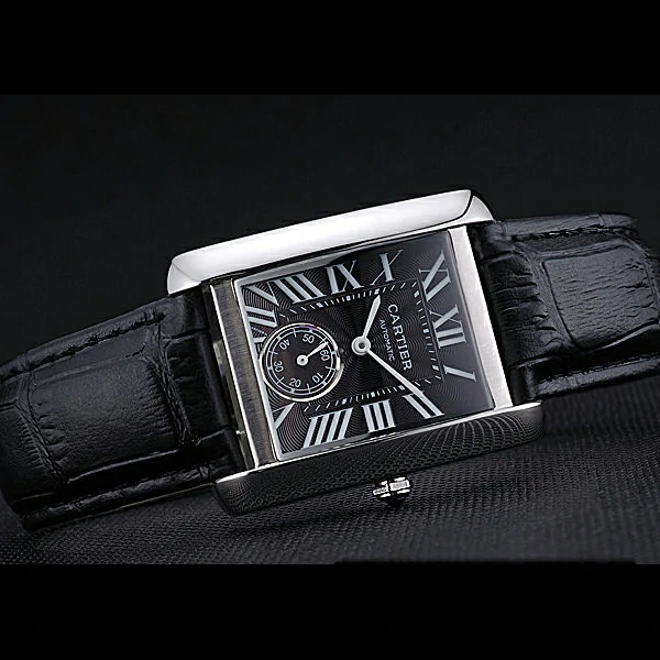 Cartier Tank MC Stainless Steel Case Black Dial Black Leather Strap new60072