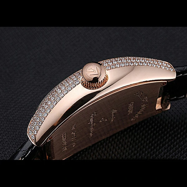 Franck Muller Gold Croco Diamonds Case Black Leather Strap new60247
