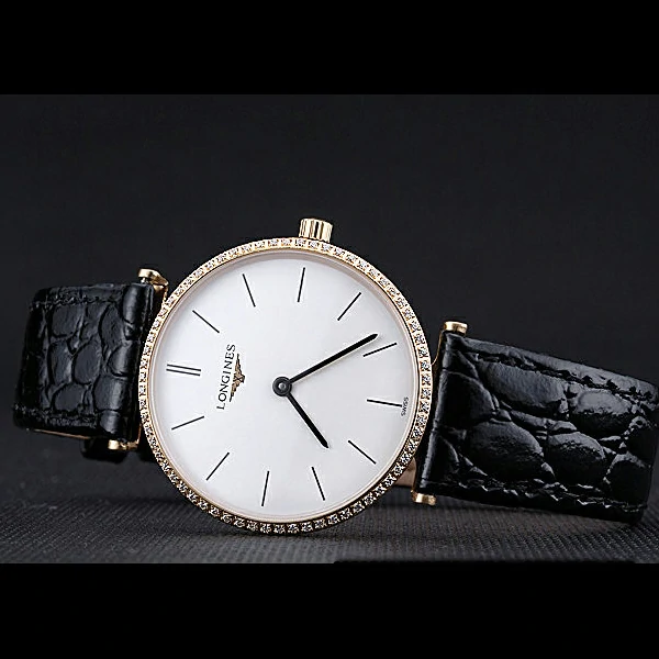 Longines La Grande Classique White Dial Diamond Bezel Black Leather Band Homme new60035