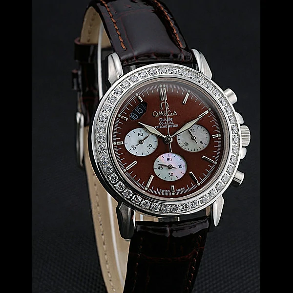 Omega De Ville Chronograph Brown Dial Stainless Steel Diamond Case Brown Leather Bracelet new60349