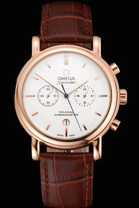 Omega Seamaster Vintage Chronograph White Dial Rose Gold Case Brown Leather Strap new122608