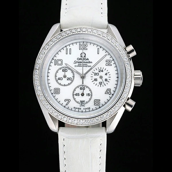 Omega Speedmaster Chronograph White Dial Diamond Case White Leather Bracelet new60347