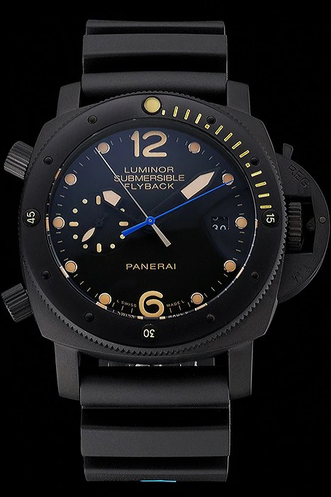 Panerai Luminor Submersible Flyback Date Black Dial Yellow Markings Black Ionized Case Black Rubber Strap new122229
