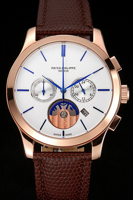 Patek Philippe Chronograph White Dial Rose Gold Case Brown Leather Strap new123383