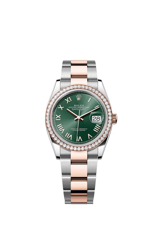 Rolex Replica Watch Datejust 36, Oystersteel and 18k Everose Gold, Mint green sunray Roman dial, Diamond-set bezel Oyster, 126281rbr-0040