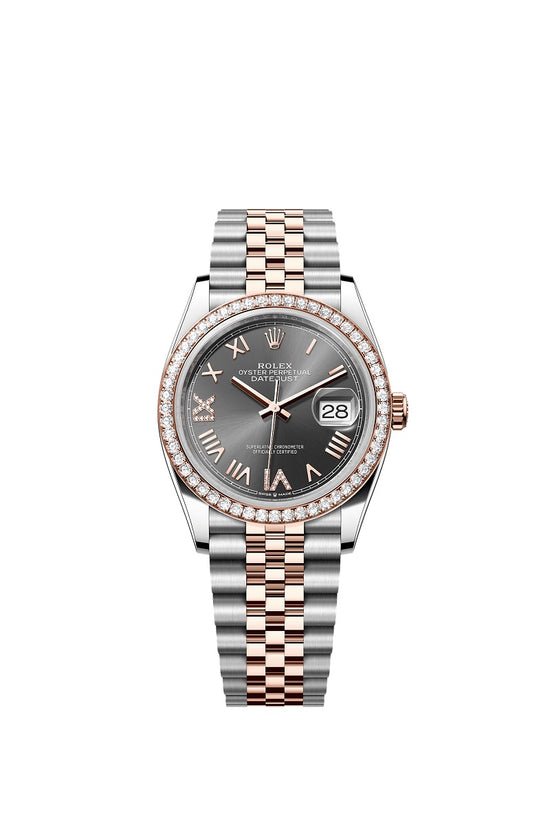 Rolex Replica Watch Datejust 36, Oystersteel and 18k Everose Gold, Slate set with diamonds dial, Diamond-set bezel Jubilee, 126281rbr-0035