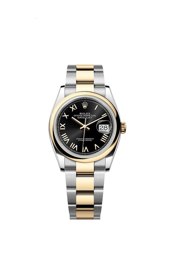 Rolex Replica Watch Datejust 36, Oystersteel and 18k Yellow Gold, Bright black Roman sunray dial, Domed Oyster, 126203-0056