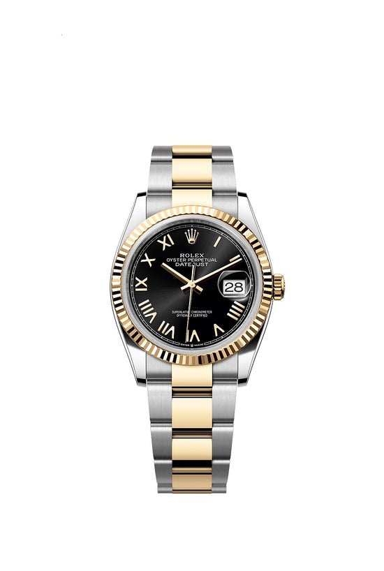 Rolex Replica Watch Datejust 36, Oystersteel and 18k Yellow Gold, Bright black sunray Roman dial, Fluted Oyster, 126233-0056