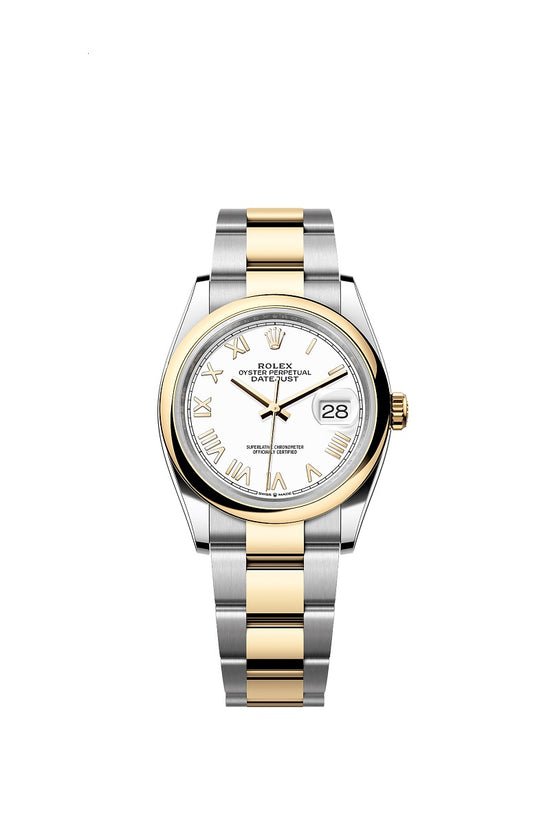 Rolex Replica Watch Datejust 36, Oystersteel and 18k Yellow Gold, Intense White Roman dial, Domed Oyster, 126203-0048