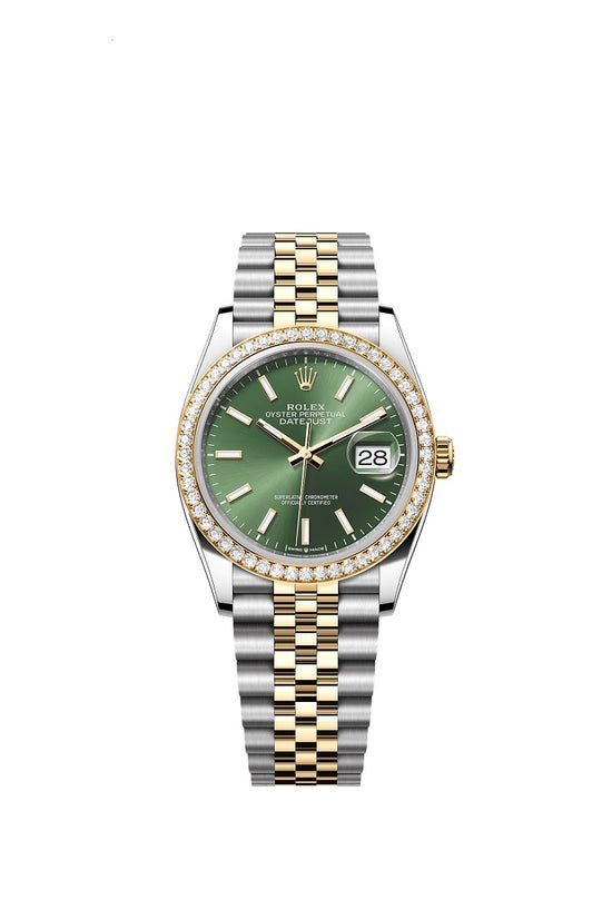 Rolex Replica Watch Datejust 36, Oystersteel and 18k Yellow Gold, Olive green sunray dial, Diamond-set bezel Jubilee, 126283RBR-0043