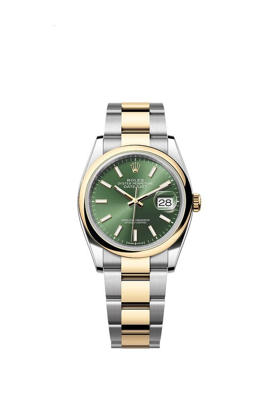 Rolex Replica Watch Datejust 36, Oystersteel and 18k Yellow Gold, Olive green sunray dial, Domed Oyster, 126203-0058