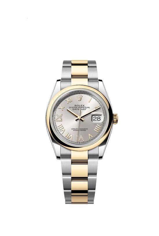 Rolex Replica Watch Datejust 36, Oystersteel and 18k Yellow Gold, Silver set with Diamonds dial, Domed Oyster, 126203-0052