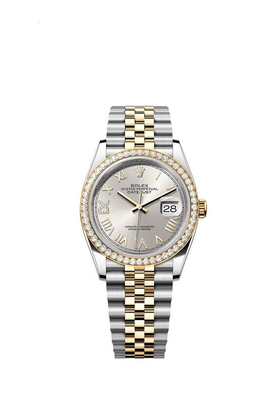 Rolex Replica Watch Datejust 36, Oystersteel and 18k Yellow Gold, Silver sunray set with Diamonds dial, Diamond-set bezel Jubilee, 126283RBR-0037