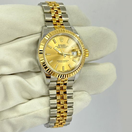 Rolex Replica Watch Lady Datejust 28, Oystersteel and 18k Yellow Gold, 28 mm, Champagne, Fluted, Jubilee, 279173-0001