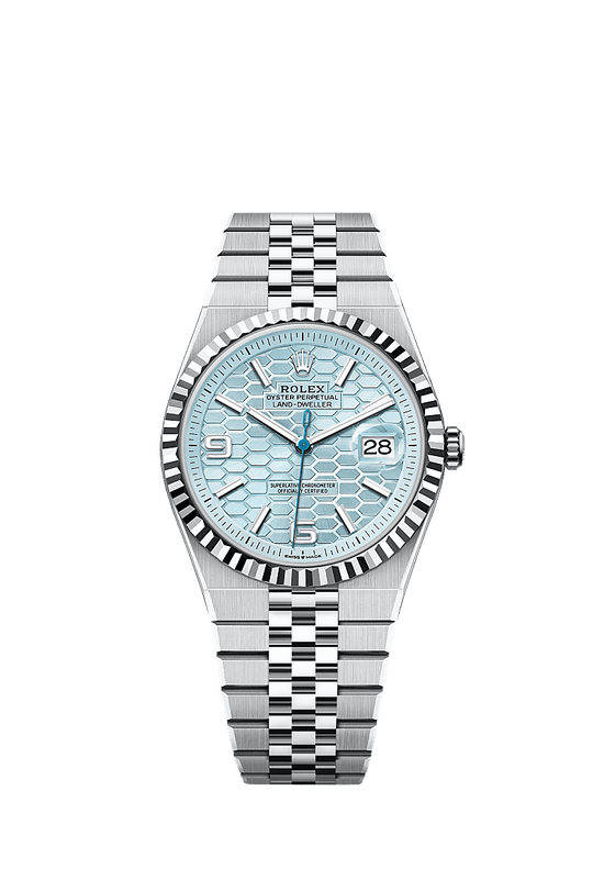 Rolex Replica Watch Land-Dweller 40, Platinum, Ice blue dial, Fluted Flat Jubilee, 127336-0001